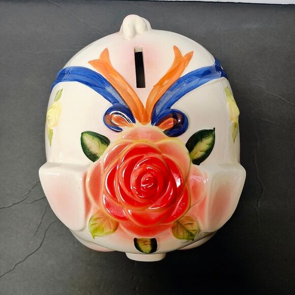 Piggy Bank Kitschy Cute Floral Big Eyed and slightly angry little Pink Pig - Picture 3 of 11